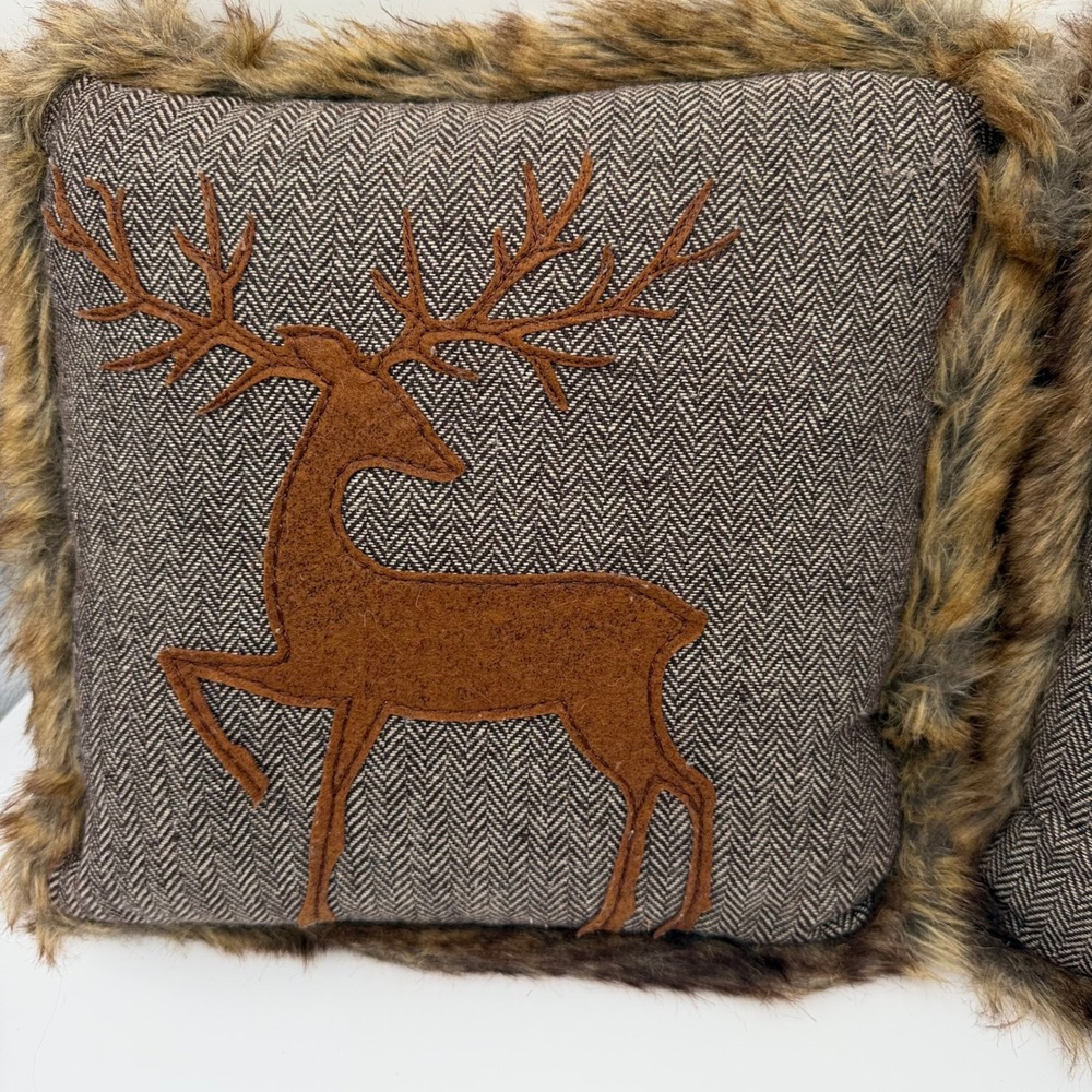 Country Line Set of 2 Rustic Stag Deer Herringbone Faux Fur Trim Pillows 12x12